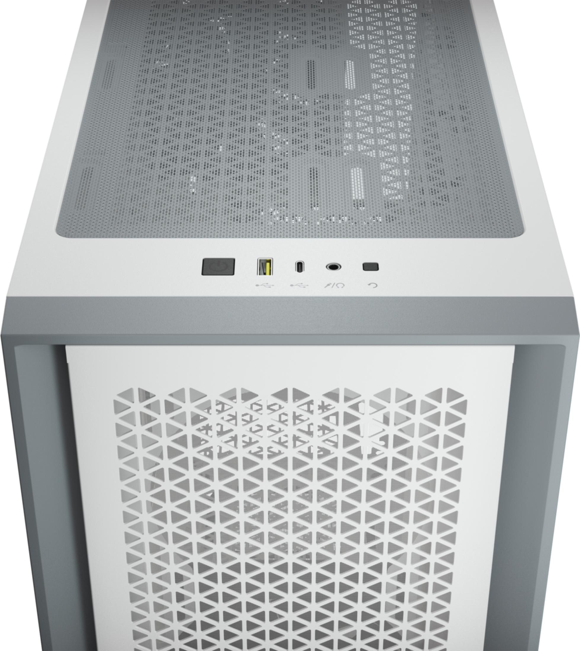 Tower del computer bianco con accenti grigi. La parte superiore ha porte: accensione, USB, USB-C, audio.
