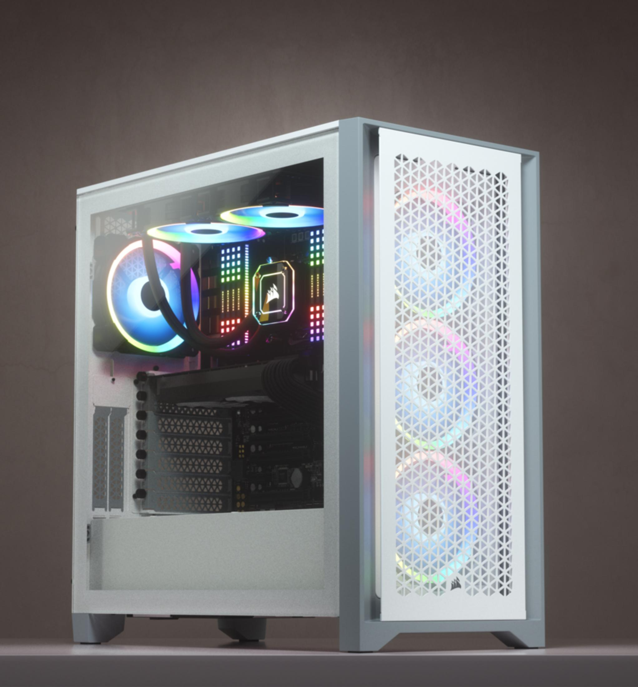 Un case PC bianco con ventole RGB e finestra in vetro.