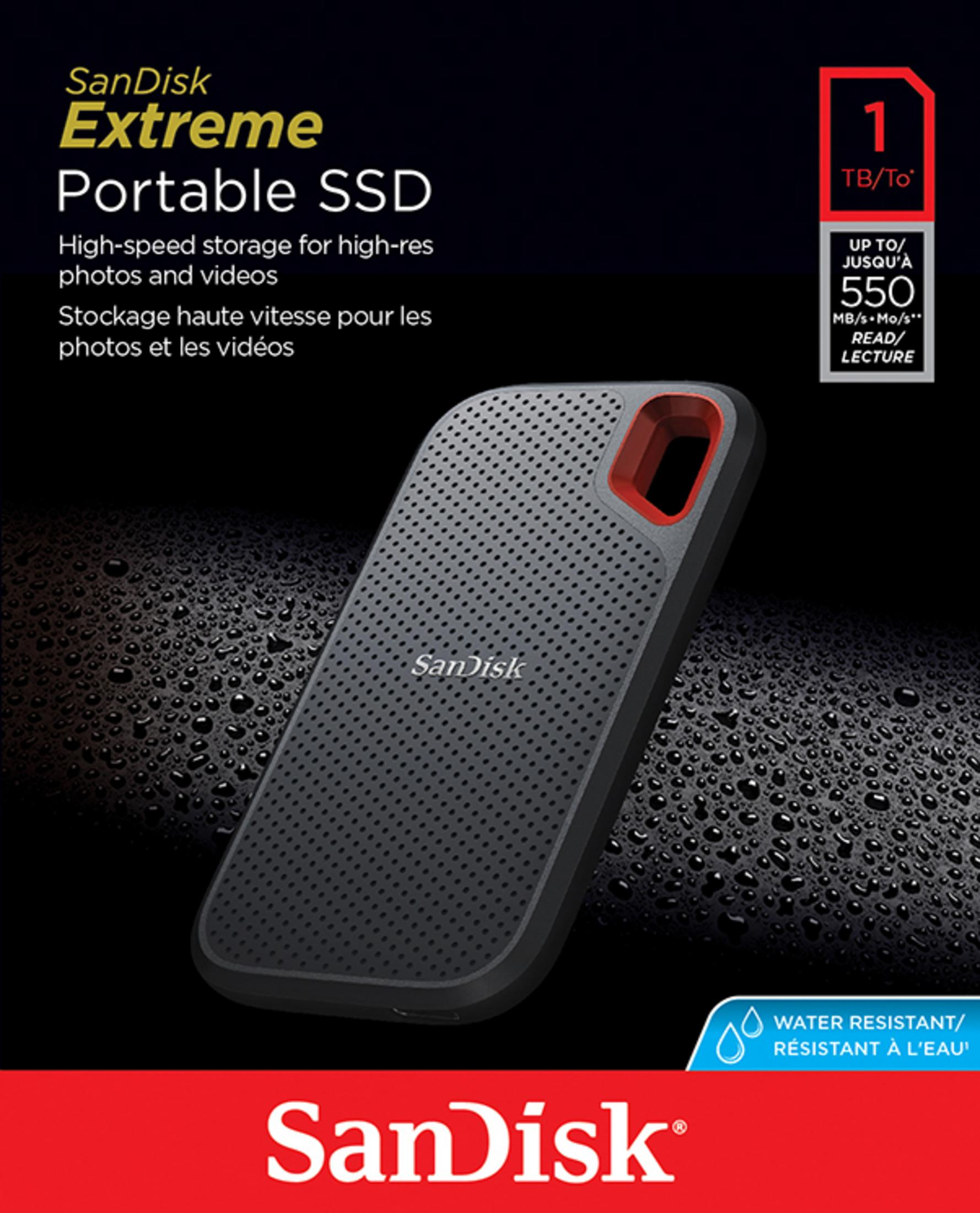 Schwarze SanDisk Extreme Portable SSD mit 1 TB Kapazität, Wasserschutz.