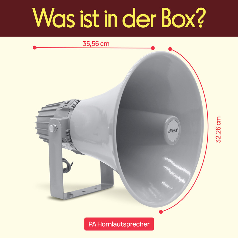 Ein grauer PA-Hörnerlautsprecher mit Abmessungen. Text: Was ist in der Box?