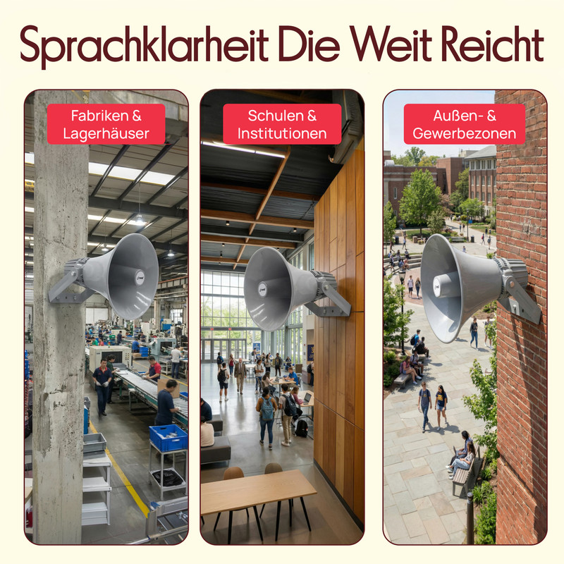 Drei Szenarien für Lautsprecher: Fabrik, Schule und Außenbereich.