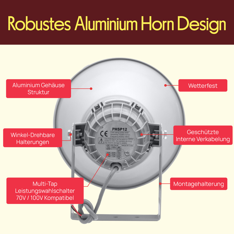 Robustes Aluminium Horn Design mit wetterfester, geschützter Verkabelung.