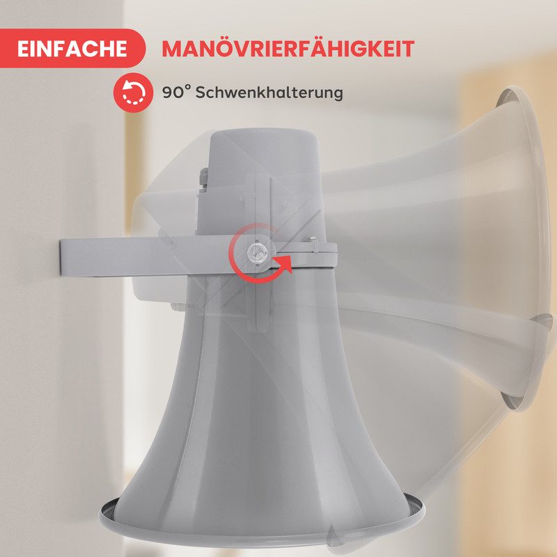 Grauer Lautsprecher mit 90° Schwenkhalterung an einer Wand montiert.