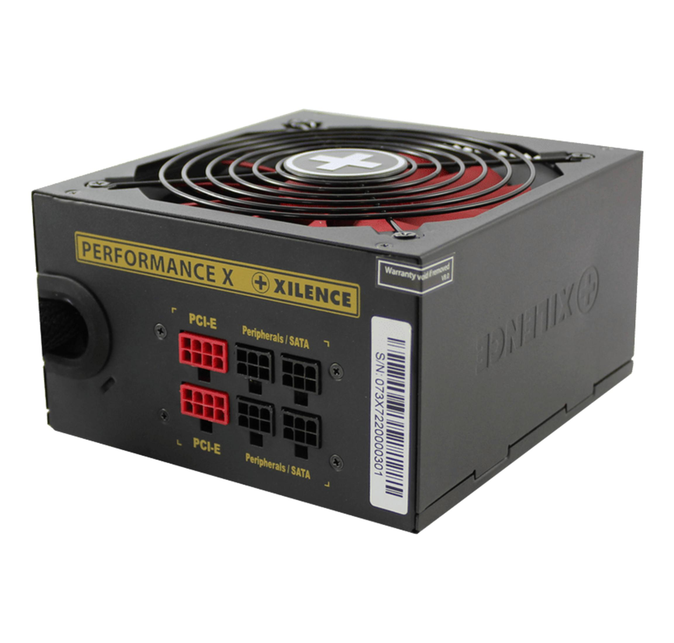 Alimentatore nero con connettori rossi e neri e ventola.