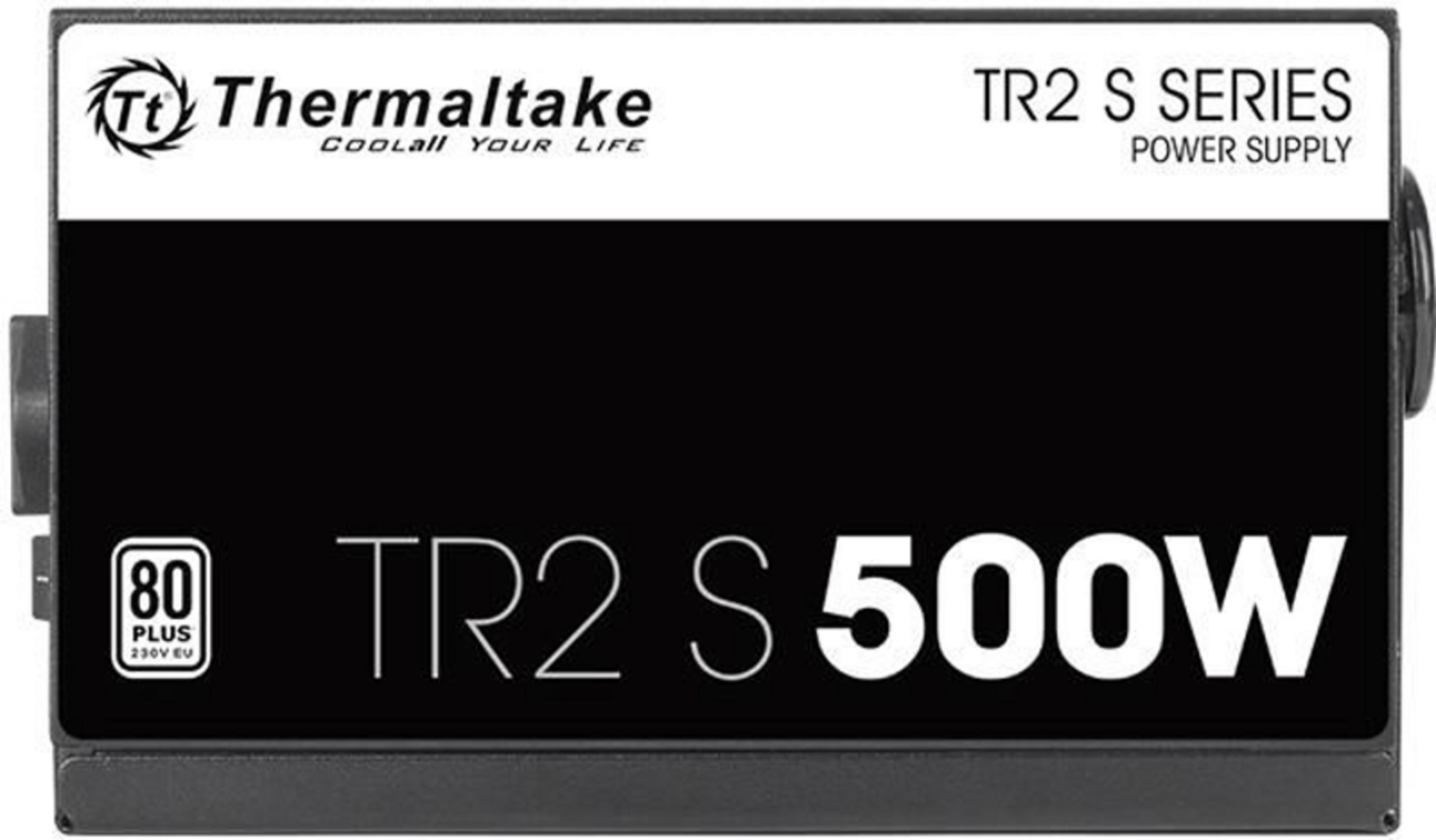 Schwarzes Thermaltake TR2 S 500W Netzteil mit 80 PLUS Logo.