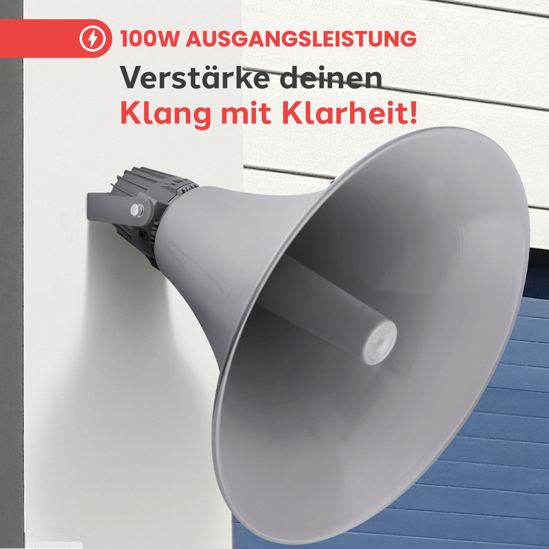 Grauer Lautsprecher an einer Wand, 100W Ausgangsleistung.