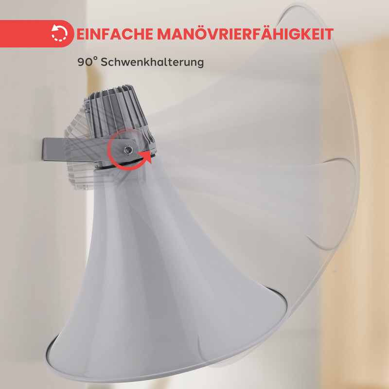 Ein weißer Lautsprecher mit schwenkbarer Halterung, der an einer Wand befestigt ist.