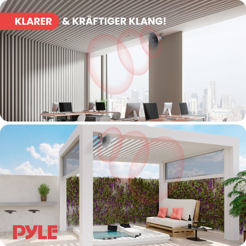 Büro und Außenterrasse mit Lautsprechern und Schallwellen.
