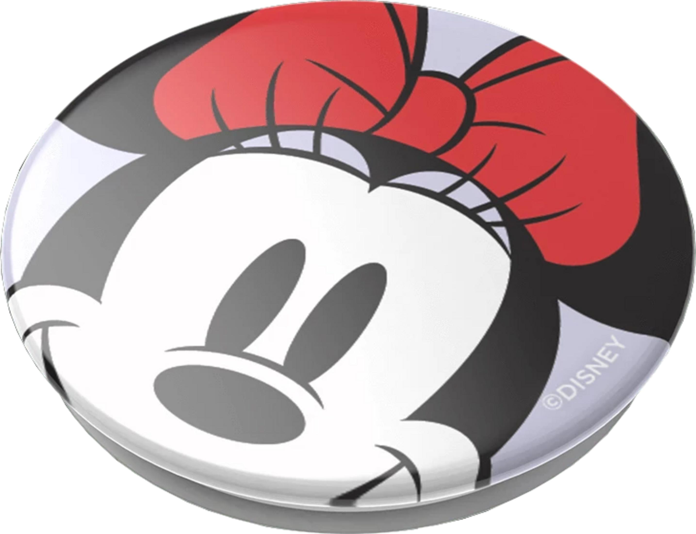 Minnie Maus mit rotem Schleifchen auf weißem Hintergrund.