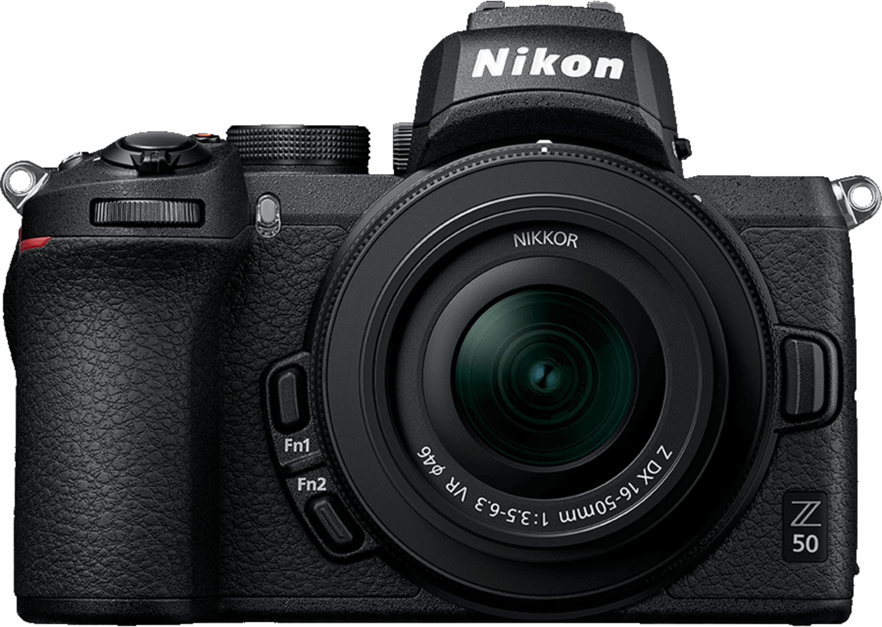Eine schwarze Nikon Z 50 Kamera mit einem NIKKOR Z DX 16-50mm Objektiv.