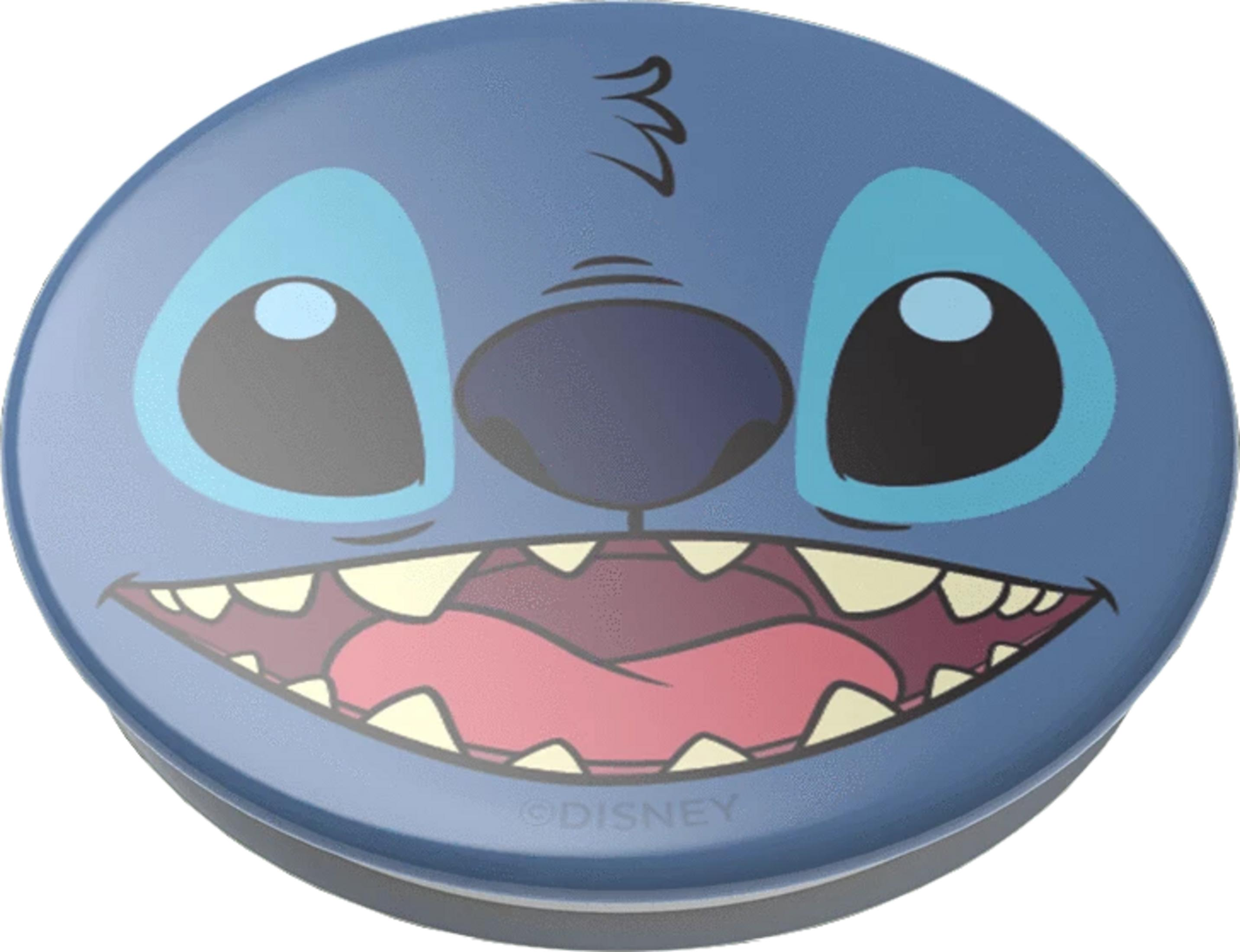 Ein blauer runder Gegenstand mit dem Gesicht von Stitch, der grinst.