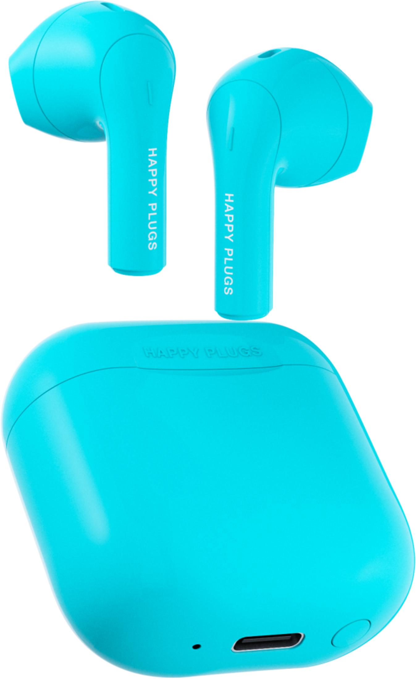 Due auricolari wireless turchesi e una custodia di ricarica Happy Plugs.