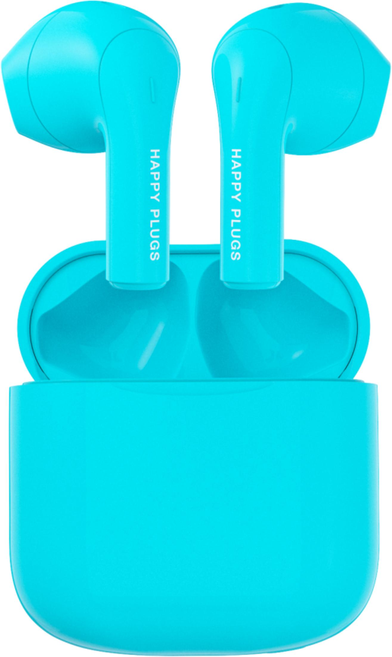 Un paio di auricolari wireless Happy Plugs blu brillante sono mostrati nella loro custodia di ricarica aperta.