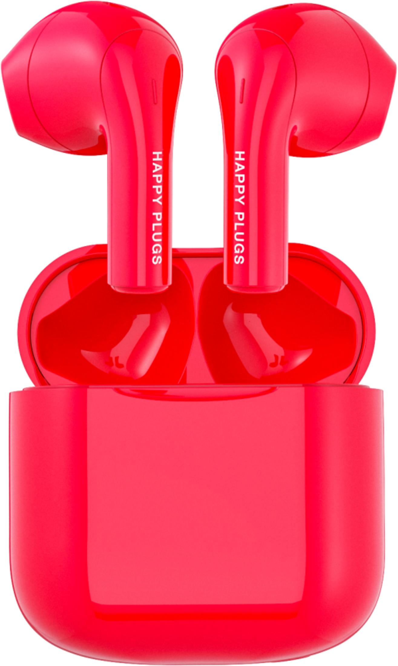 Zwei rote Happy Plugs Ohrhörer in und neben ihrer Ladebox.