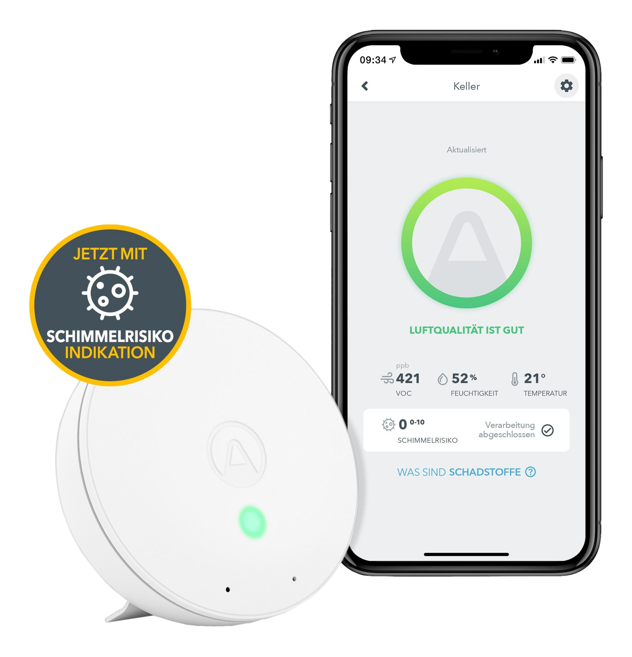 Luftqualitätsmonitor mit App-Anzeige für VOC, Feuchtigkeit und Temperatur.
