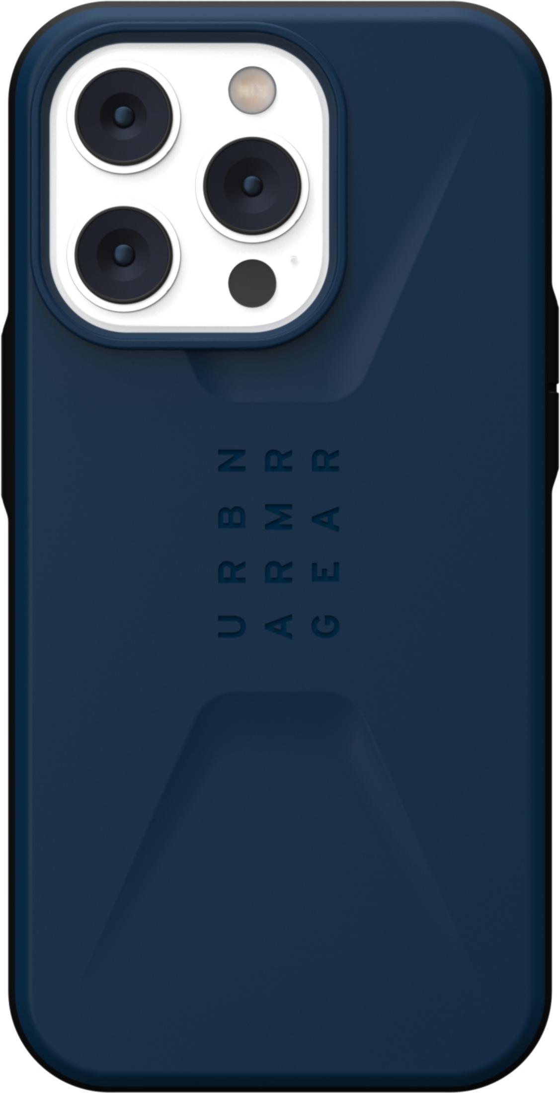Dunkelblaue Handyhülle mit dreifacher Kameraöffnung und Logo.