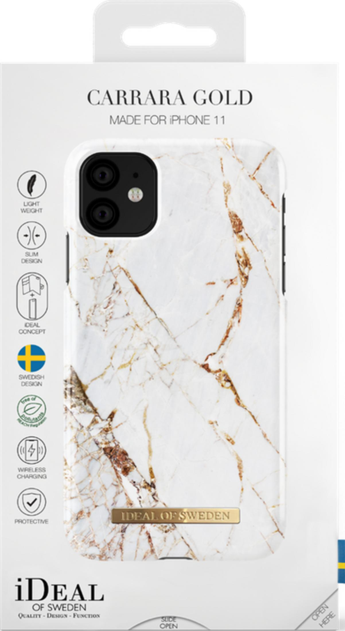 iPhone 11 Hüllenverpackung im Carrara Gold Design mit Produktmerkmalen.
