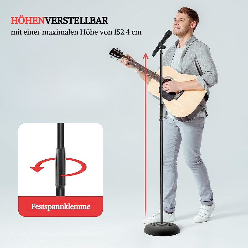Mann spielt Gitarre mit Mikrofonständer, Höhe bis 152,4 cm.