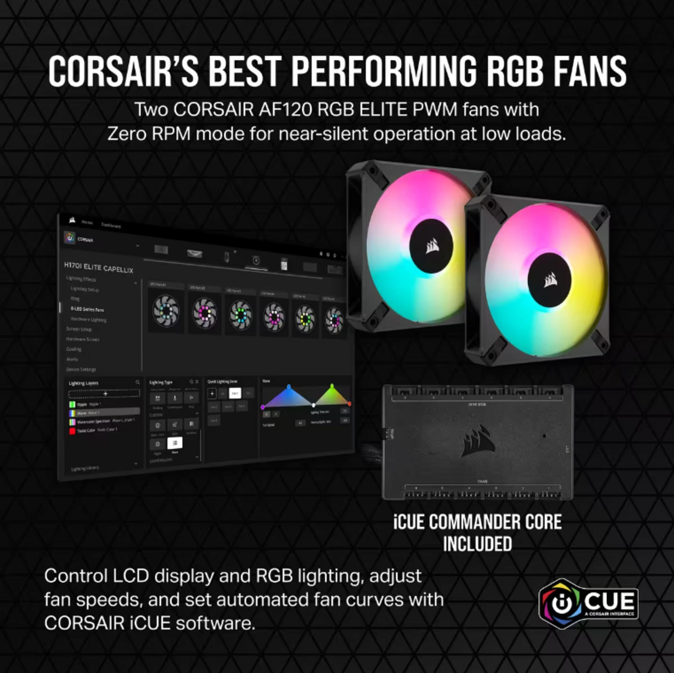 Dos ventiladores RGB Corsair, software iCUE y Commander Core.