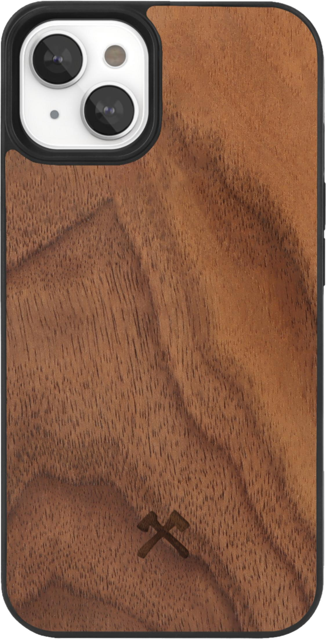 Rückseite eines Holz-Handyhõlle mit zwei Kameras und einem Logo.