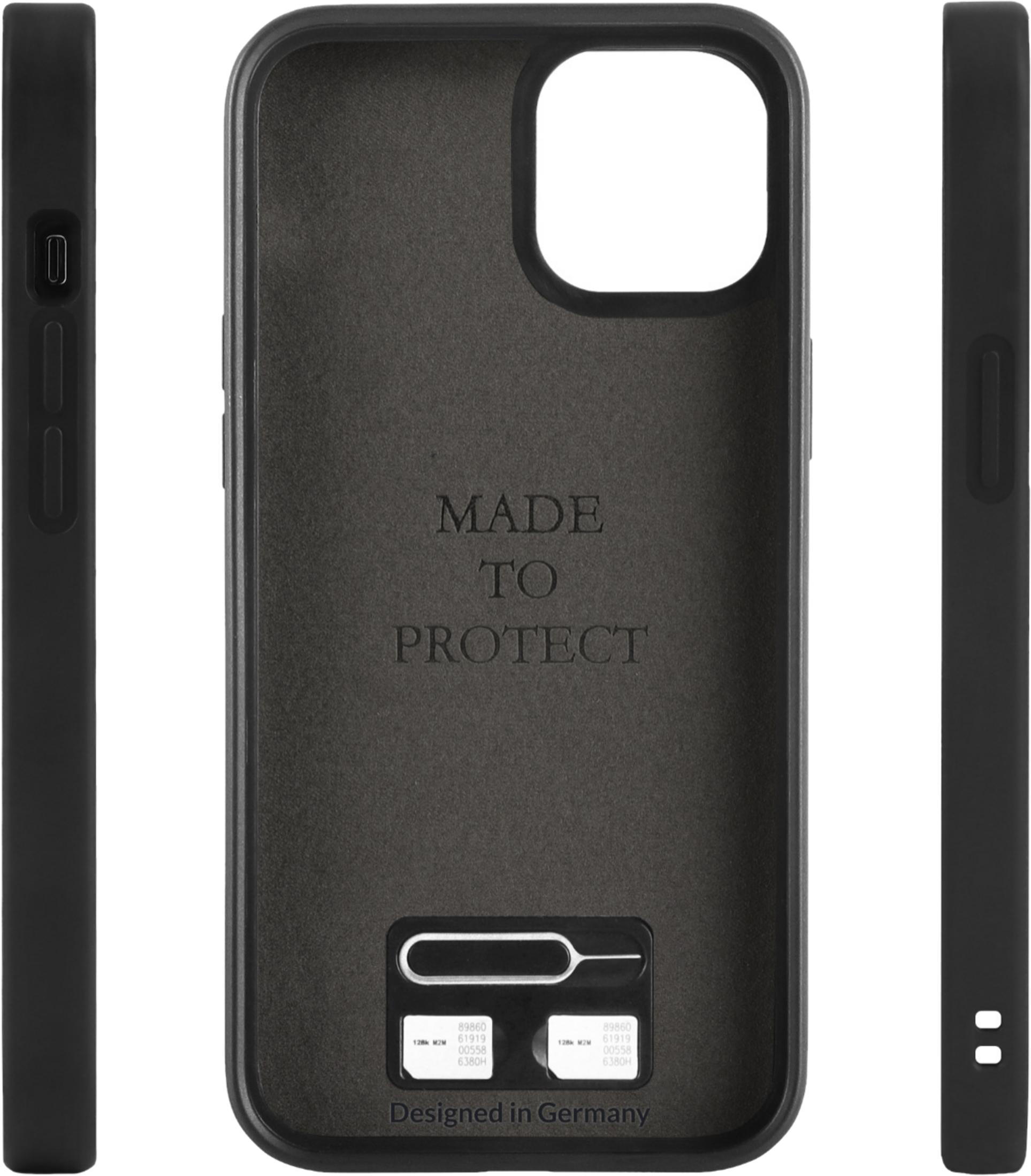 Schwarze Handyhülle mit Text 'MADE TO PROTECT' und SIM-Werkzeug.