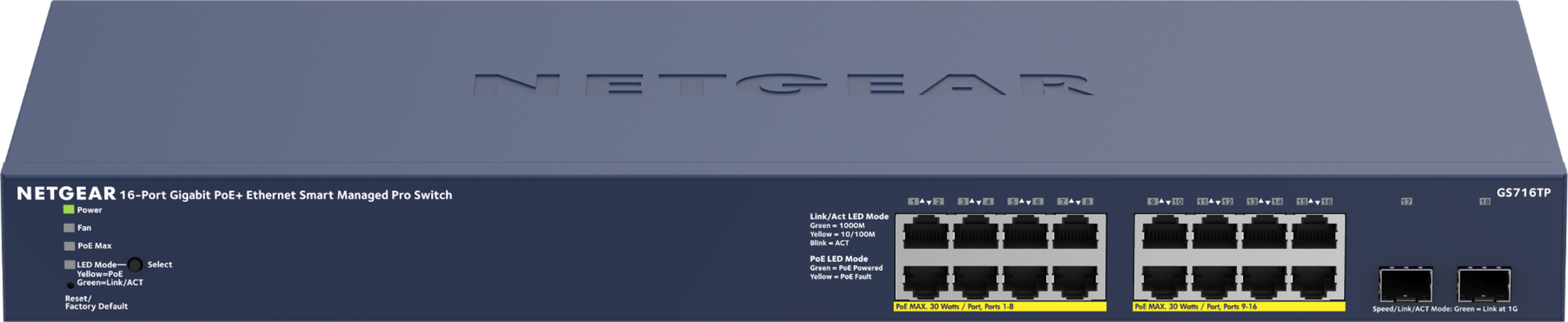 Un switch Netgear azul Gigabit PoE+ de 16 puertos con muchos puertos Ethernet.