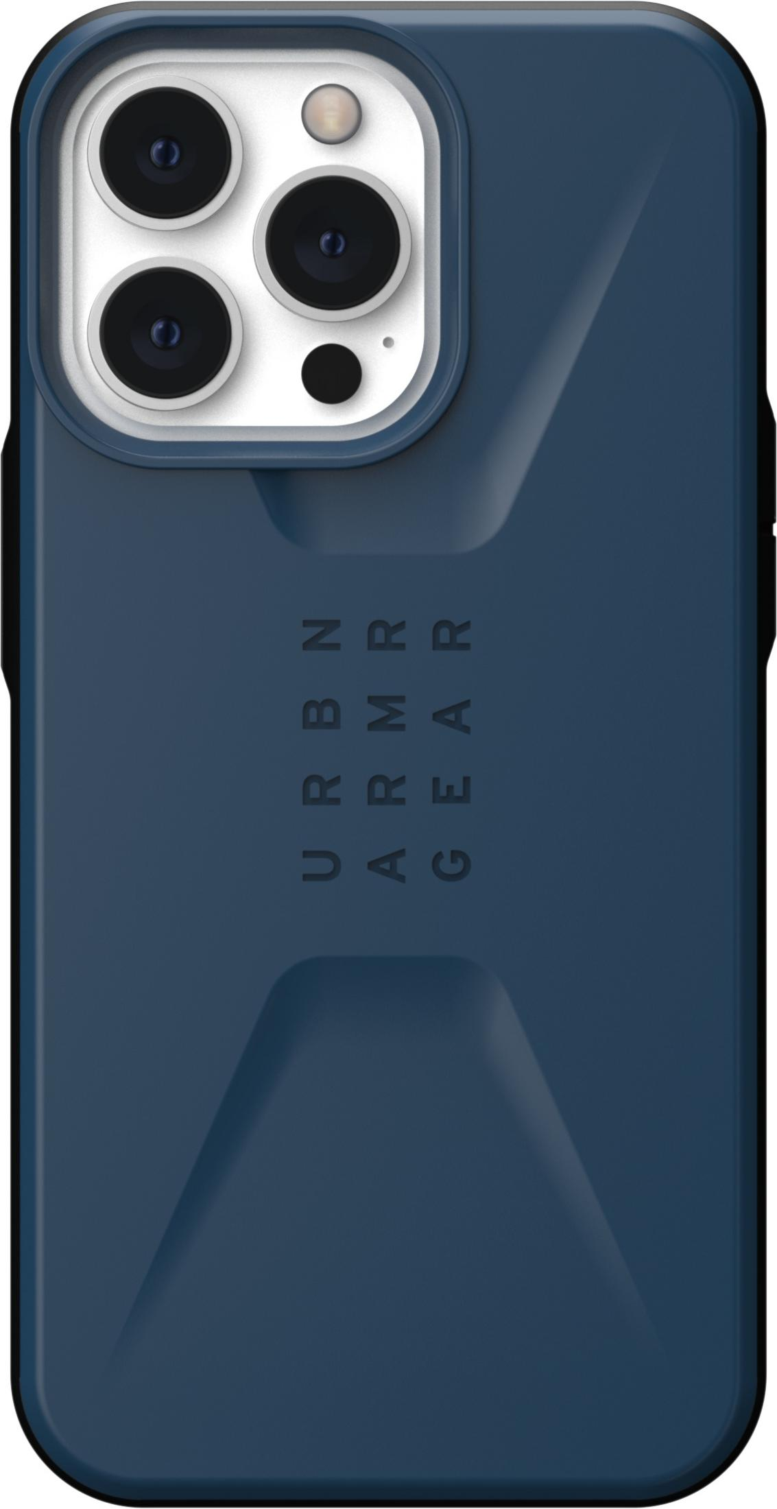 Eine blaue Hülle mit drei Kameras und dem Logo URBN ARMR GEAR.