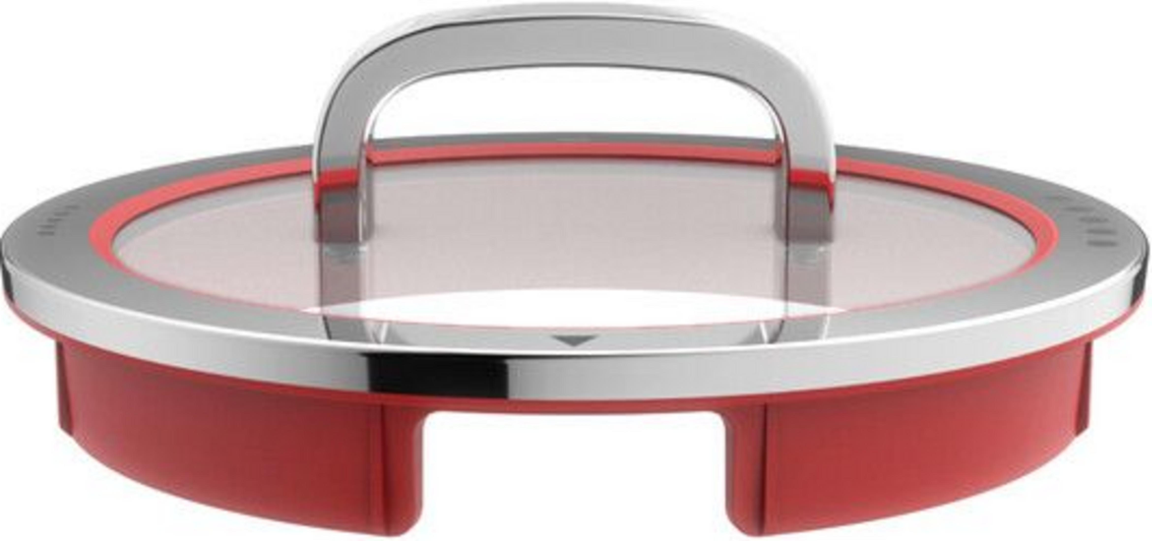 Roter Topfdeckel mit Glasfenster, silbernem Griff und Rand.