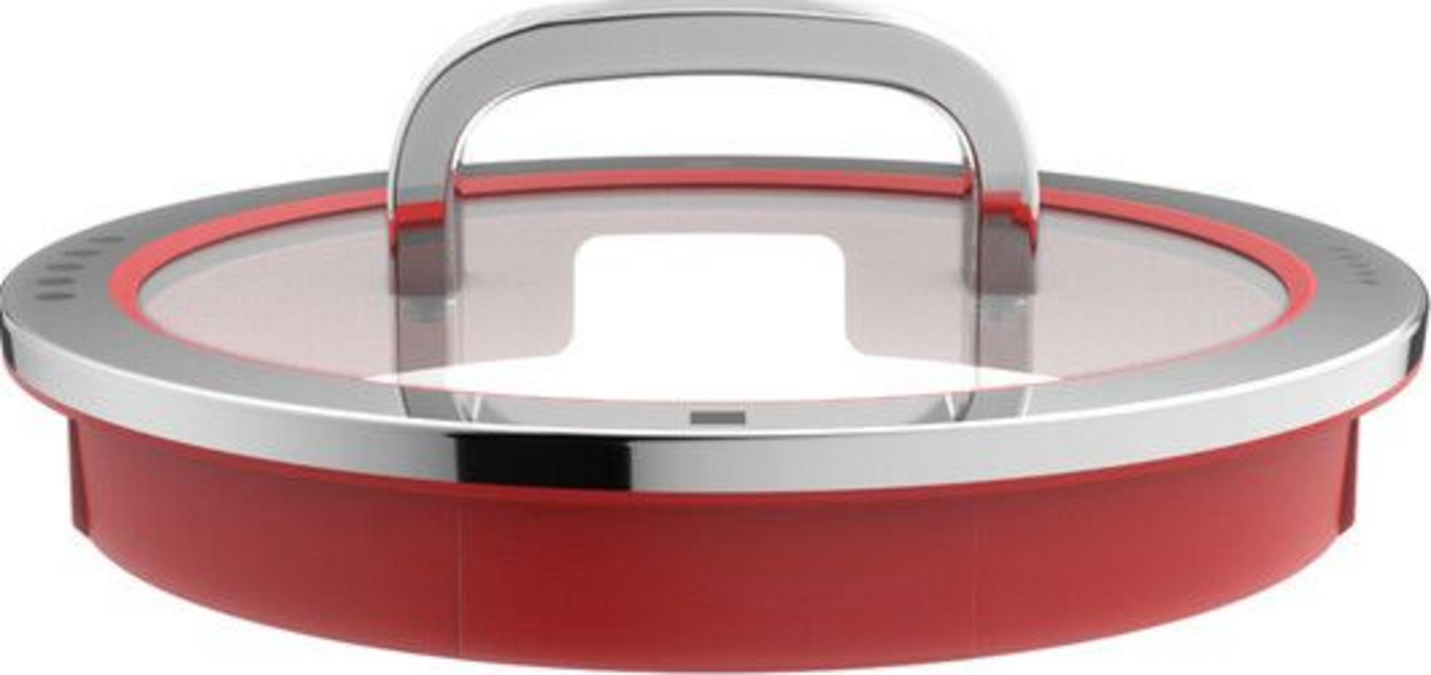 Roter Topfdeckel mit Glasfenster und Metallgriff.