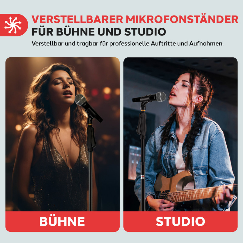 Frau singt auf Bühne, Frau spielt Gitarre im Studio, Mikrofonständer.