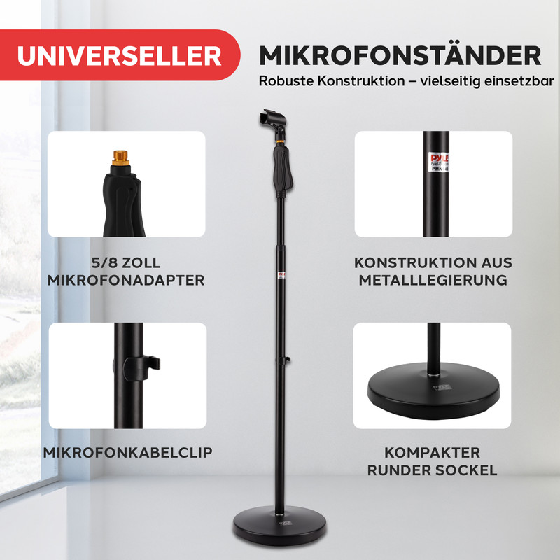 Ein schwarzer Mikrofonständer mit runder Basis, Adapter, Clip und Metallkonstruktion.