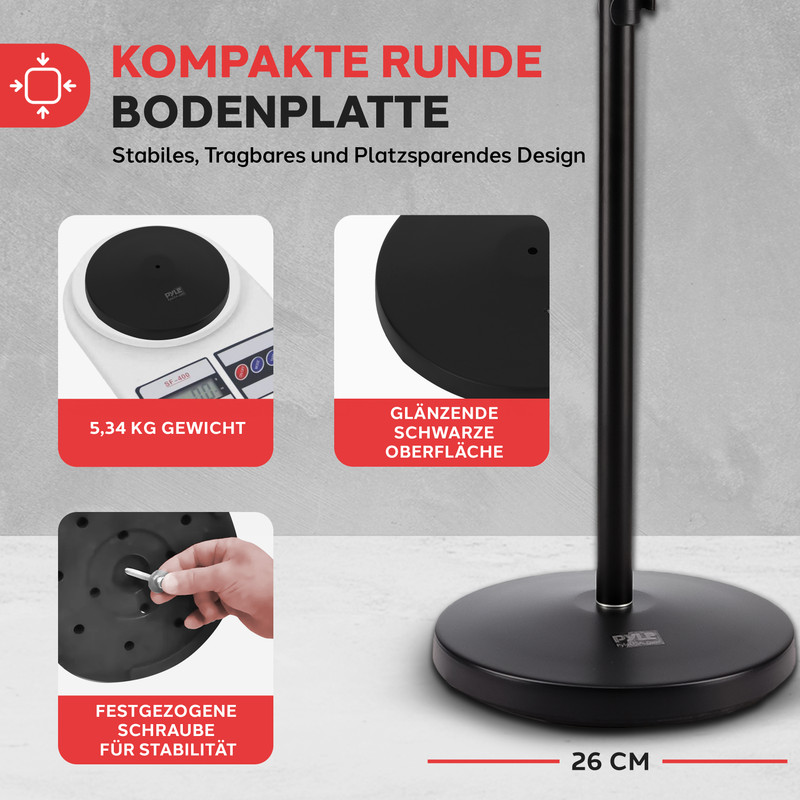 Kompakte runde Bodenplatte, 26 cm Durchmesser, mit Skala und Schraube.