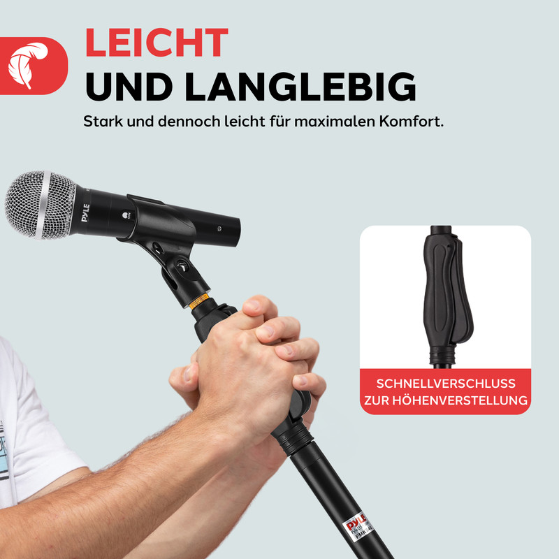 Mikrofonständer mit Schnellverschluss zur Höhenverstellung, leicht und langlebig.
