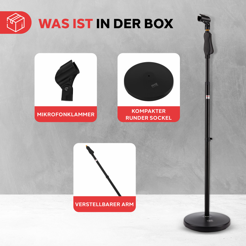 Mikrofonständer mit Zubehör: Halterung, runder Sockel, verstellbarer Arm.