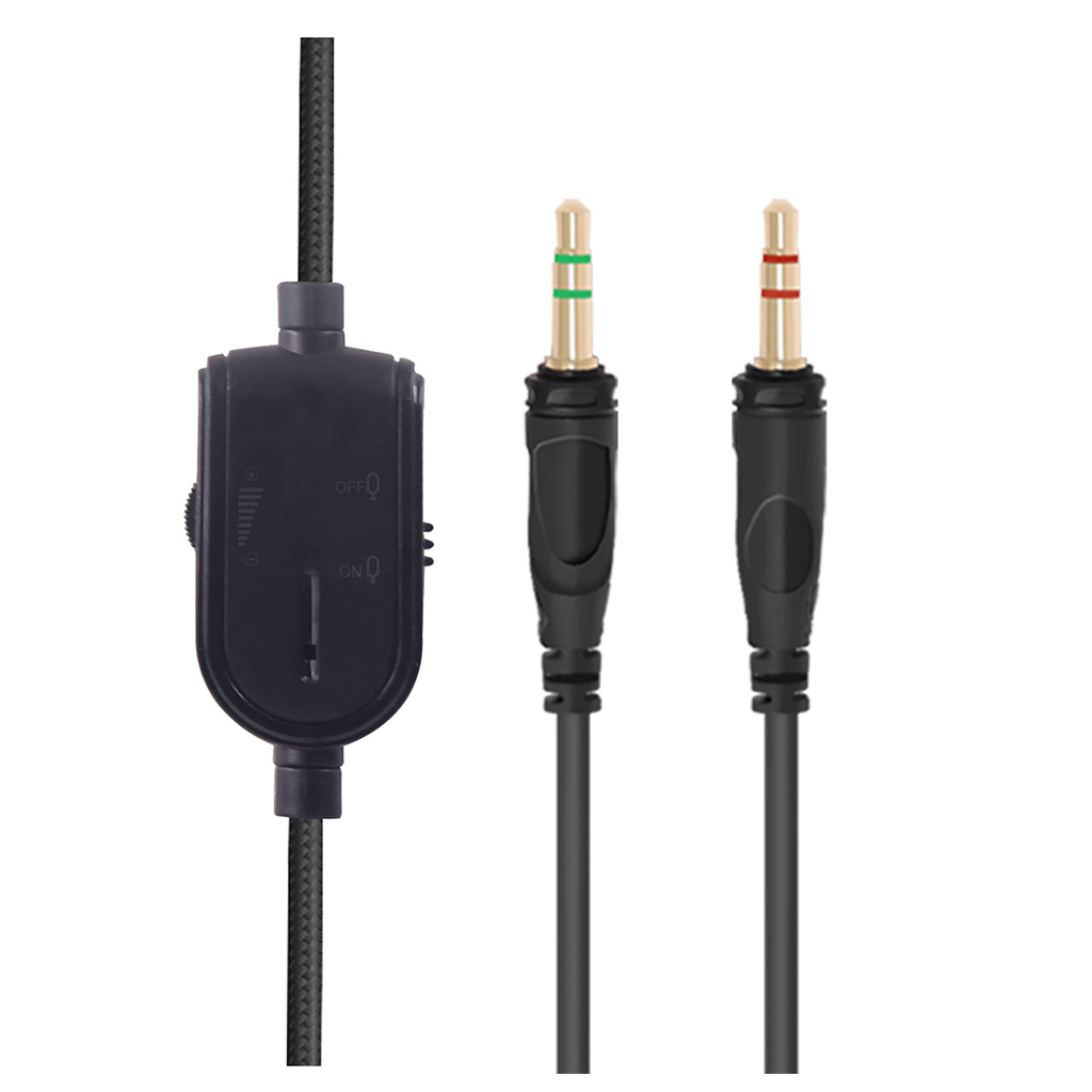 Un controller per cavo nero con rotella del volume e due jack audio da 3,5 mm.