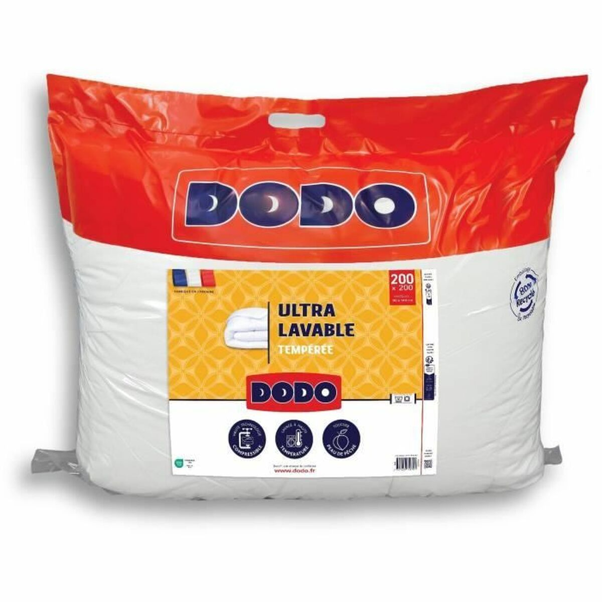 Ein großer weißer Sack mit einem roten Aufkleber, auf dem DODO steht.