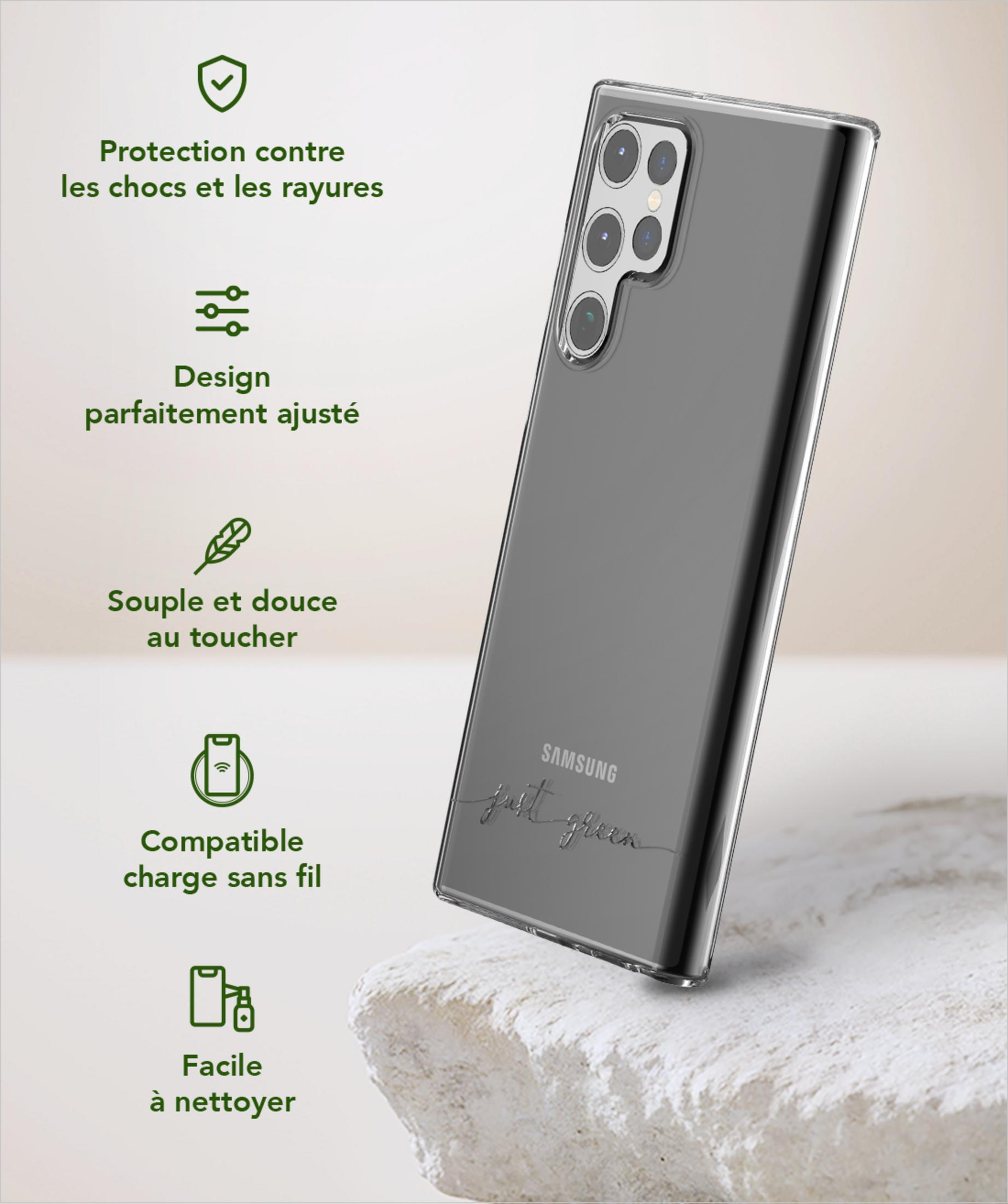 Graue Handyhülle mit Samsung-Logo, auf Stein liegend, mit Funktionssymbolen.