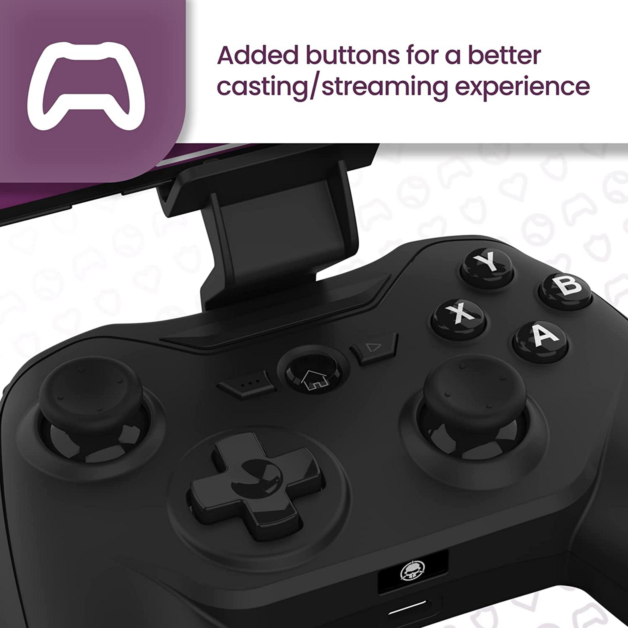Schwarzer Controller mit Analogsticks, Buttons und Steuerkreuz. Lila Logo oben.