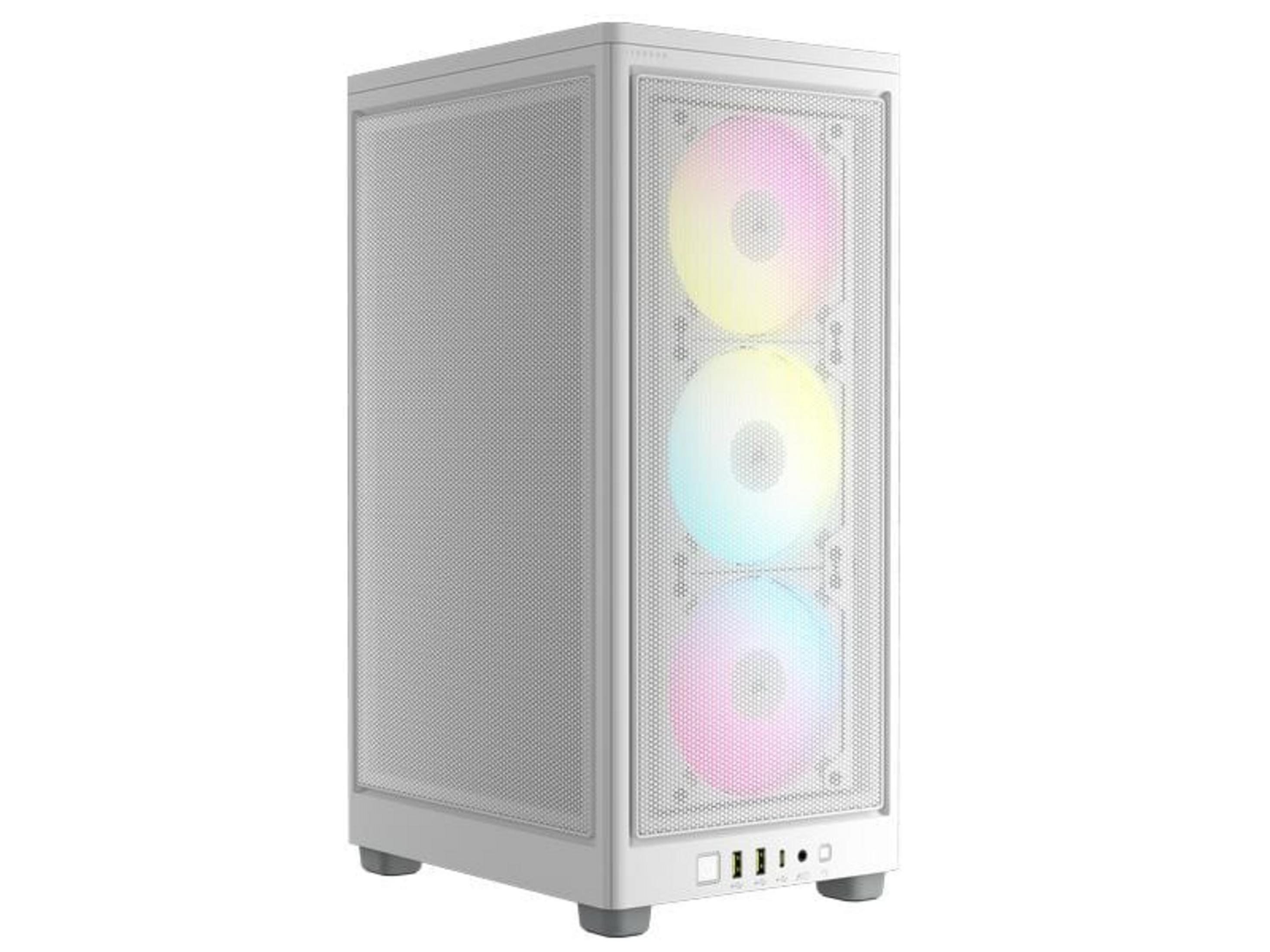 Un case per computer bianco con tre ventole RGB e un pulsante di accensione.