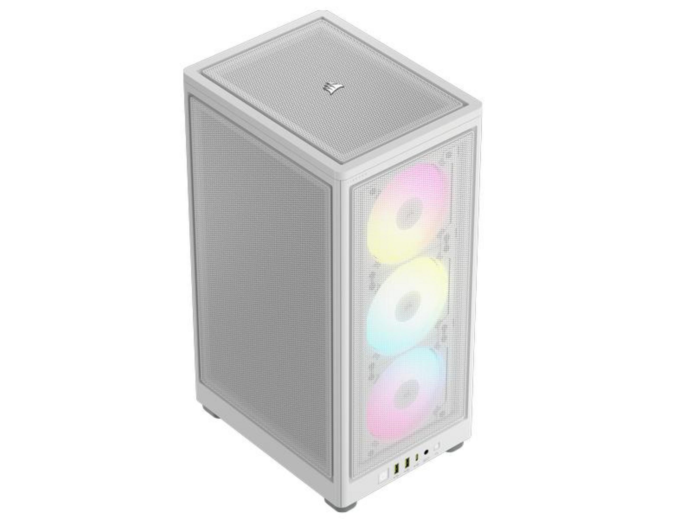 Un case per computer bianco con tre ventole illuminate.