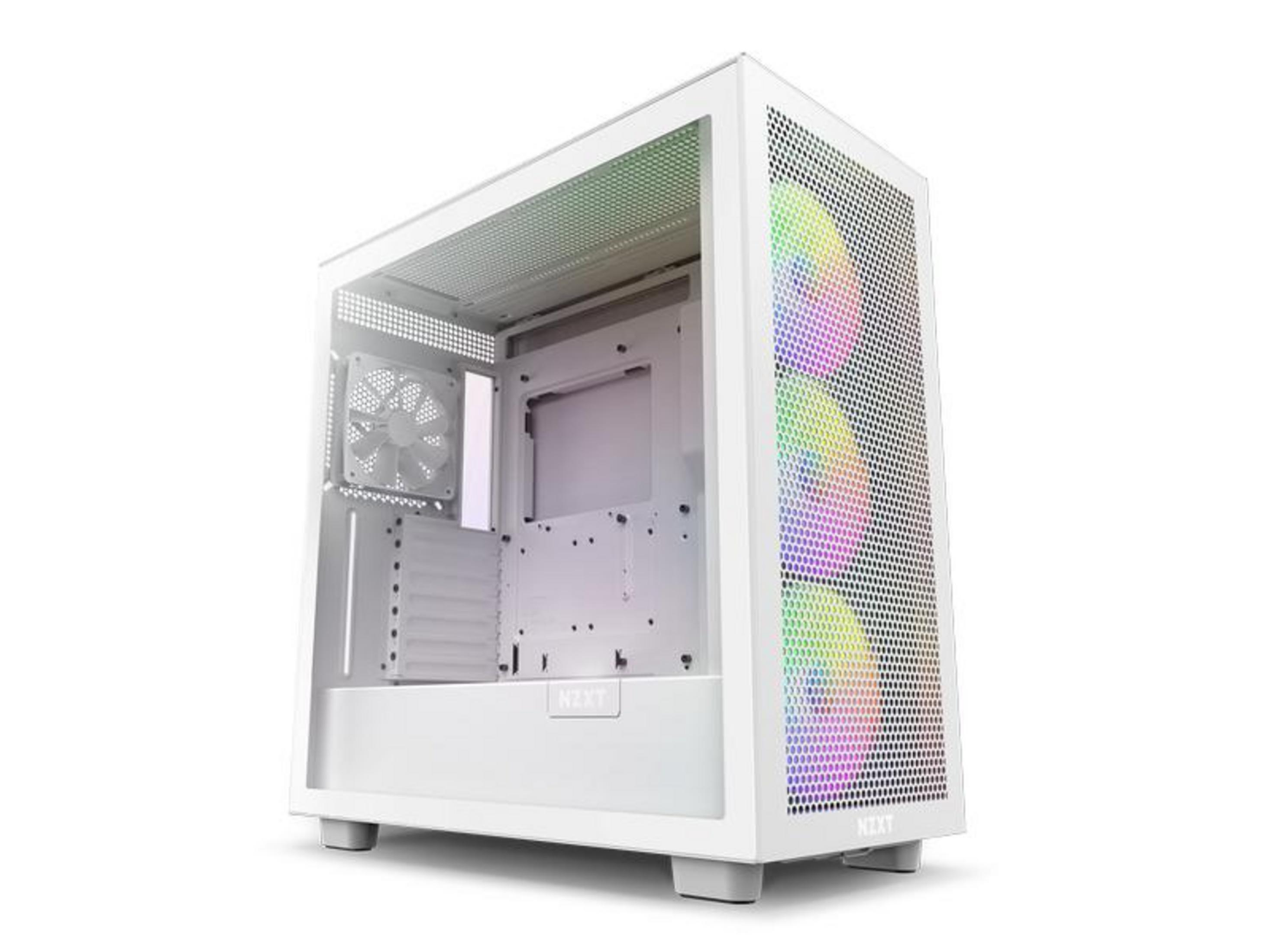 Una caja de PC blanca con ventiladores RGB y panel lateral de cristal.
