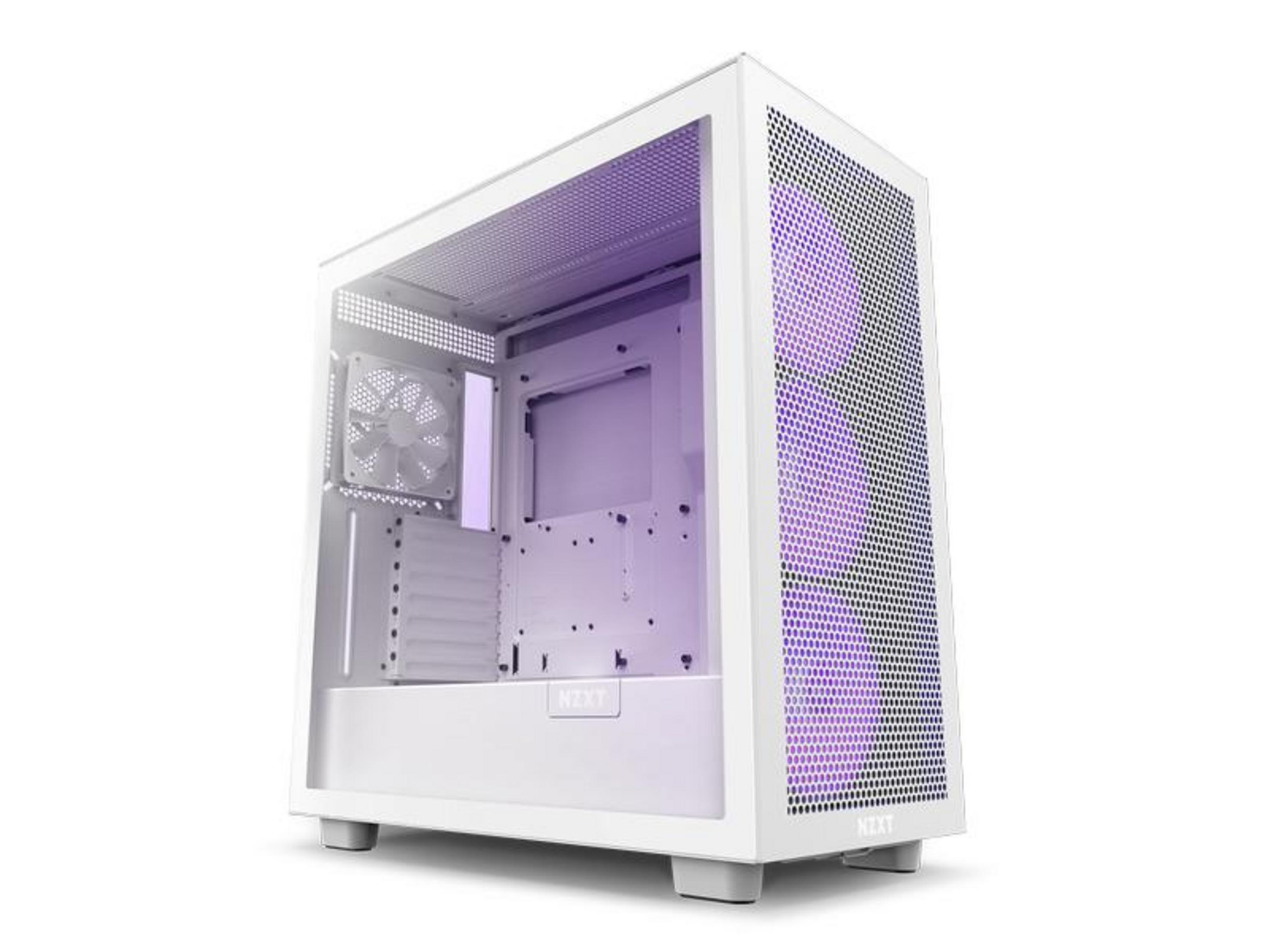 Caja de ordenador NZXT blanca con iluminación LED púrpura, panel lateral de cristal.