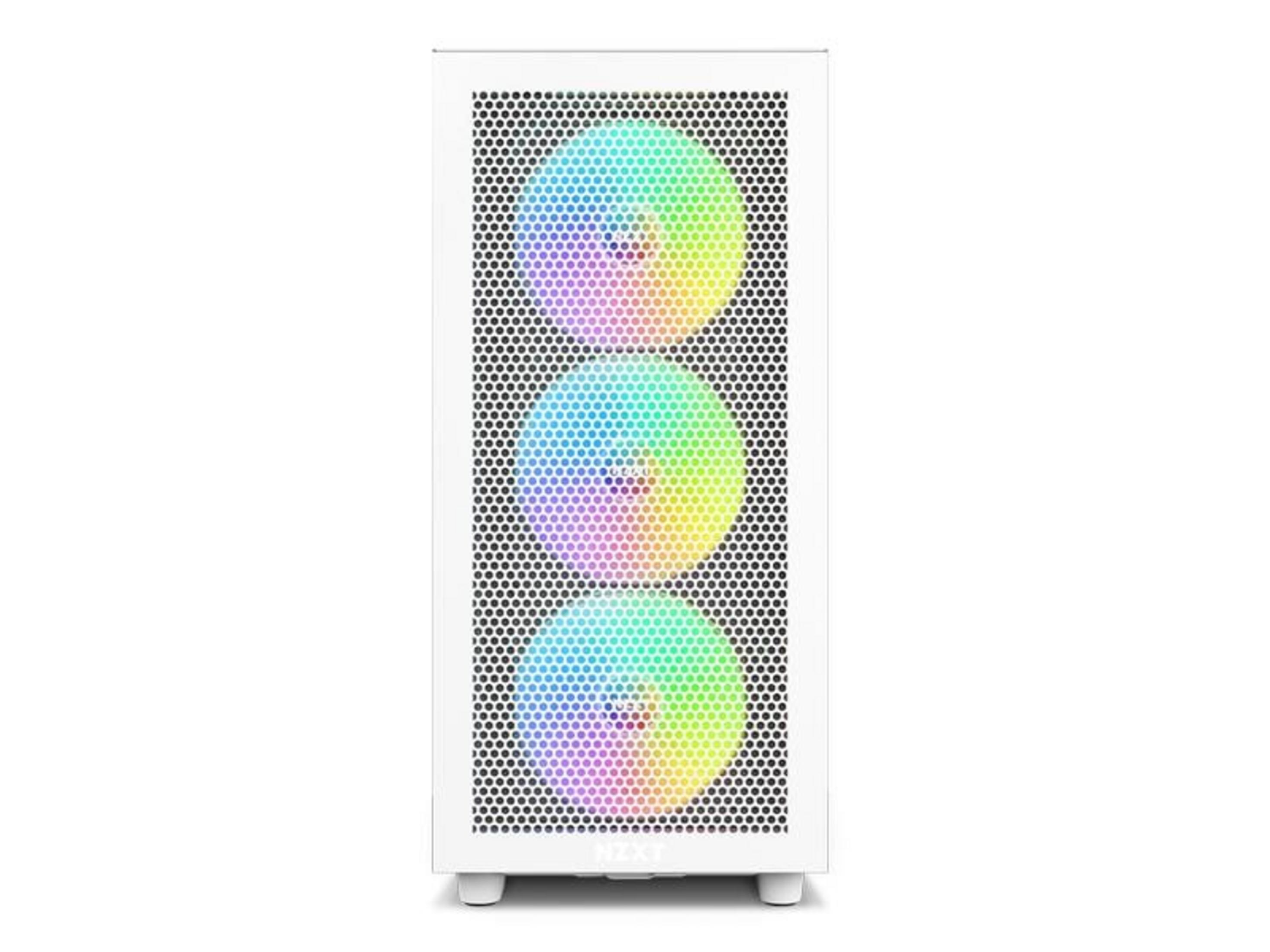 Una caja de PC blanca con tres ventiladores que brillan en RGB.