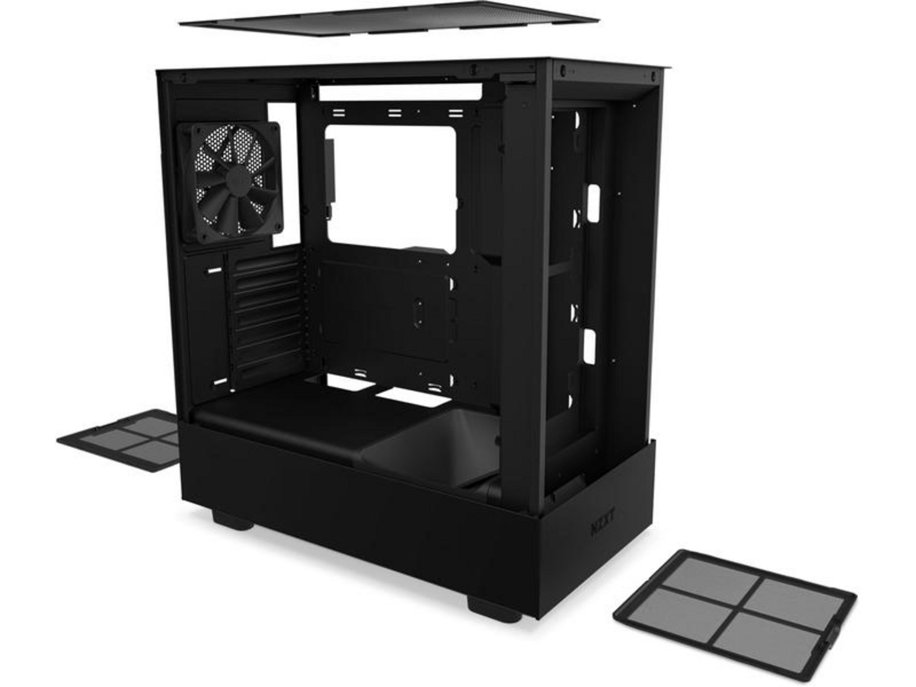 Schwarzes Computergehäuse mit Lüfter, abgenommenem Deckel und Staubfiltern.