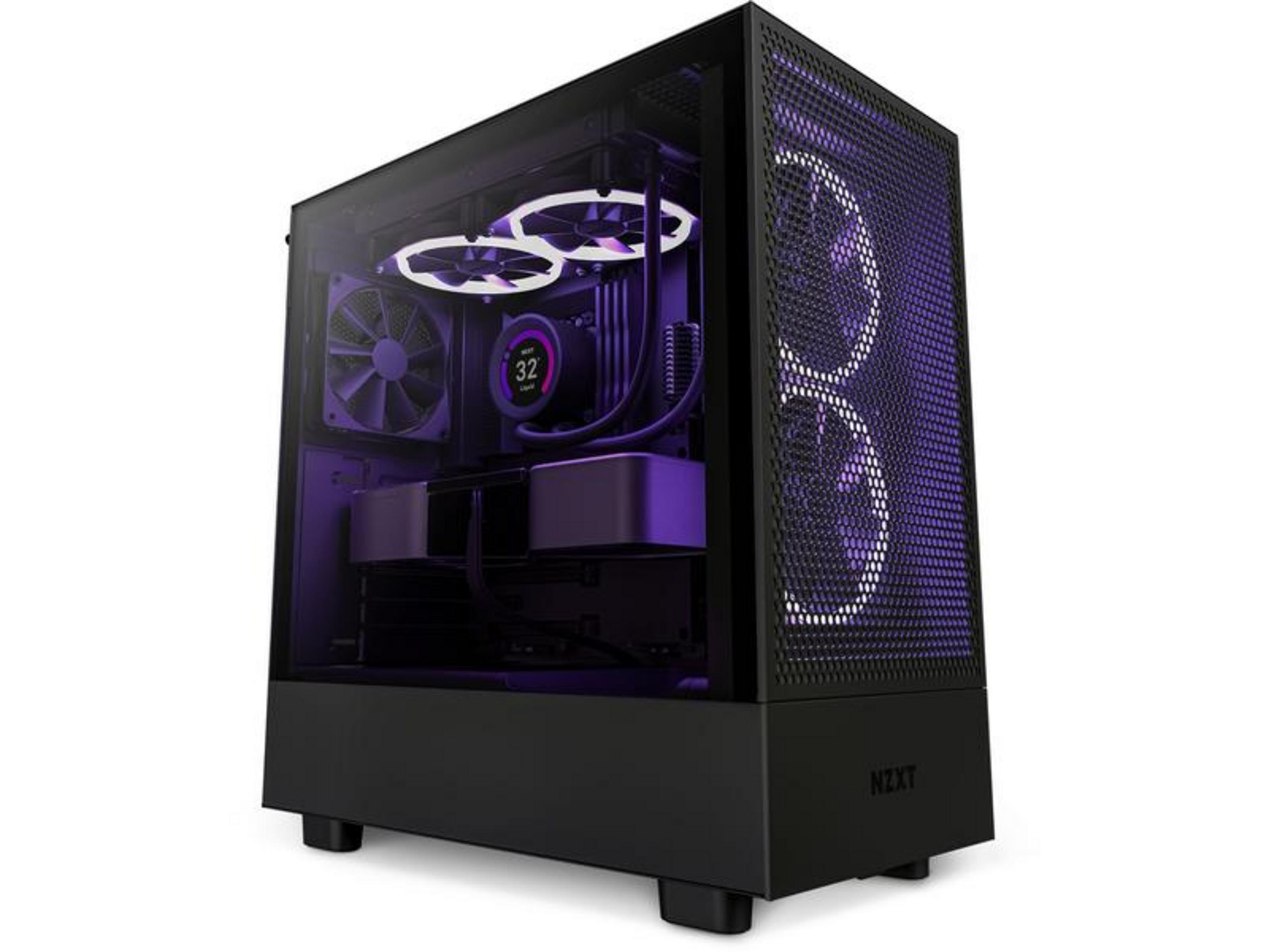 Ein schwarzes PC-Gehäuse mit Glasfront und lila Lüftern und Beleuchtung.