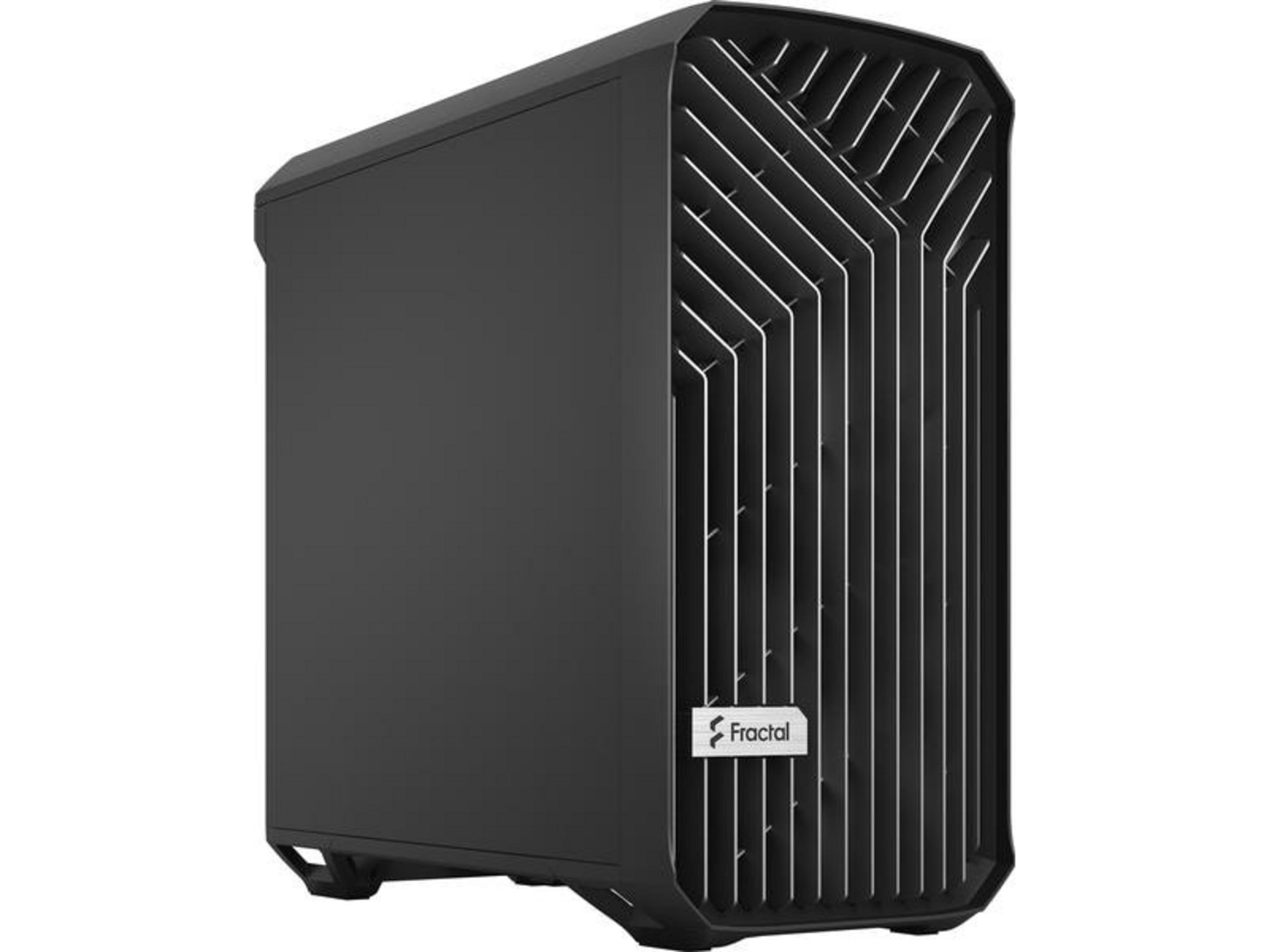 Case per computer nero con pannello frontale scanalato verticale e logo Fractal.