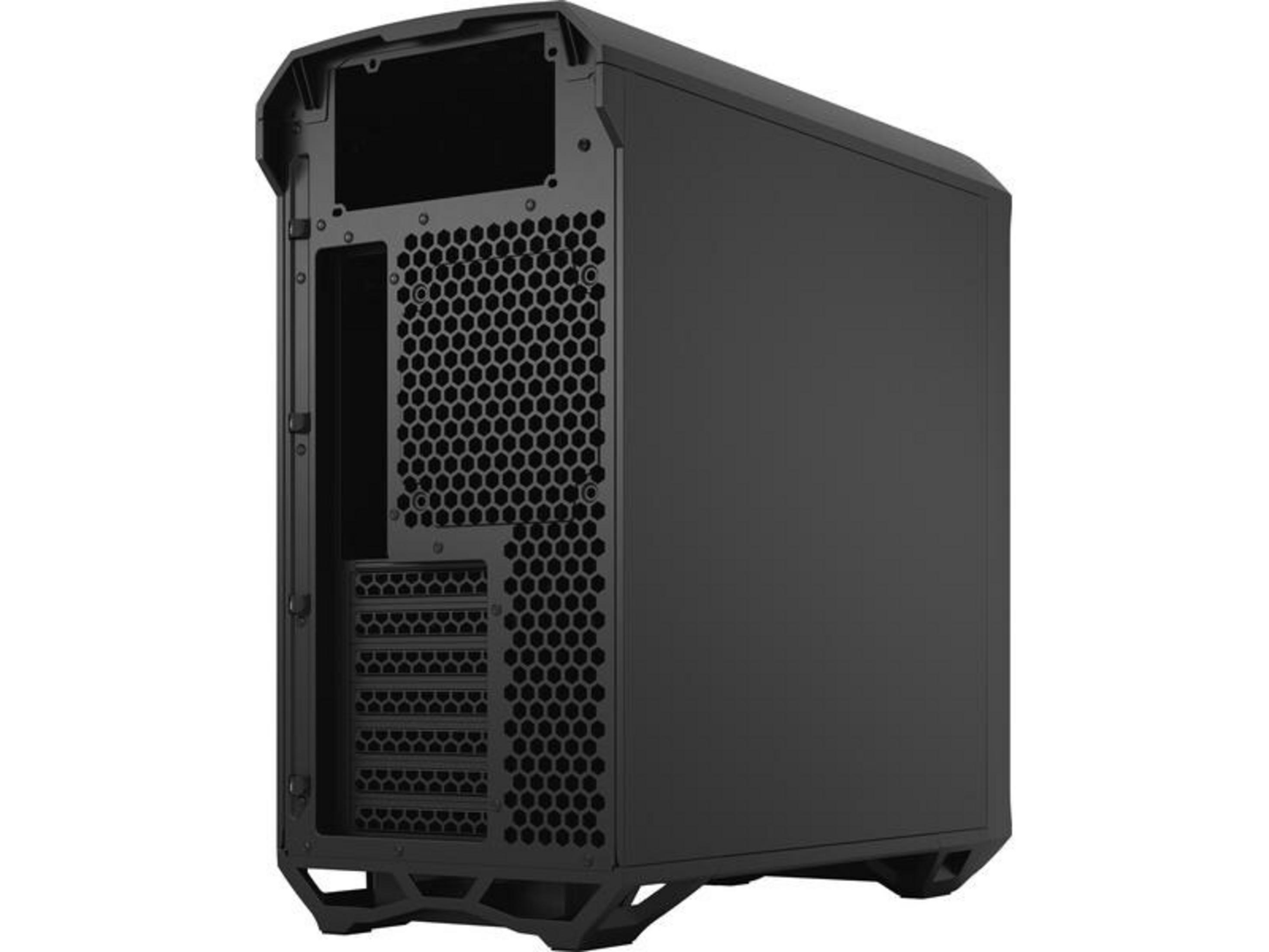 Case del computer nero con griglia di ventilazione esagonale e slot di espansione.