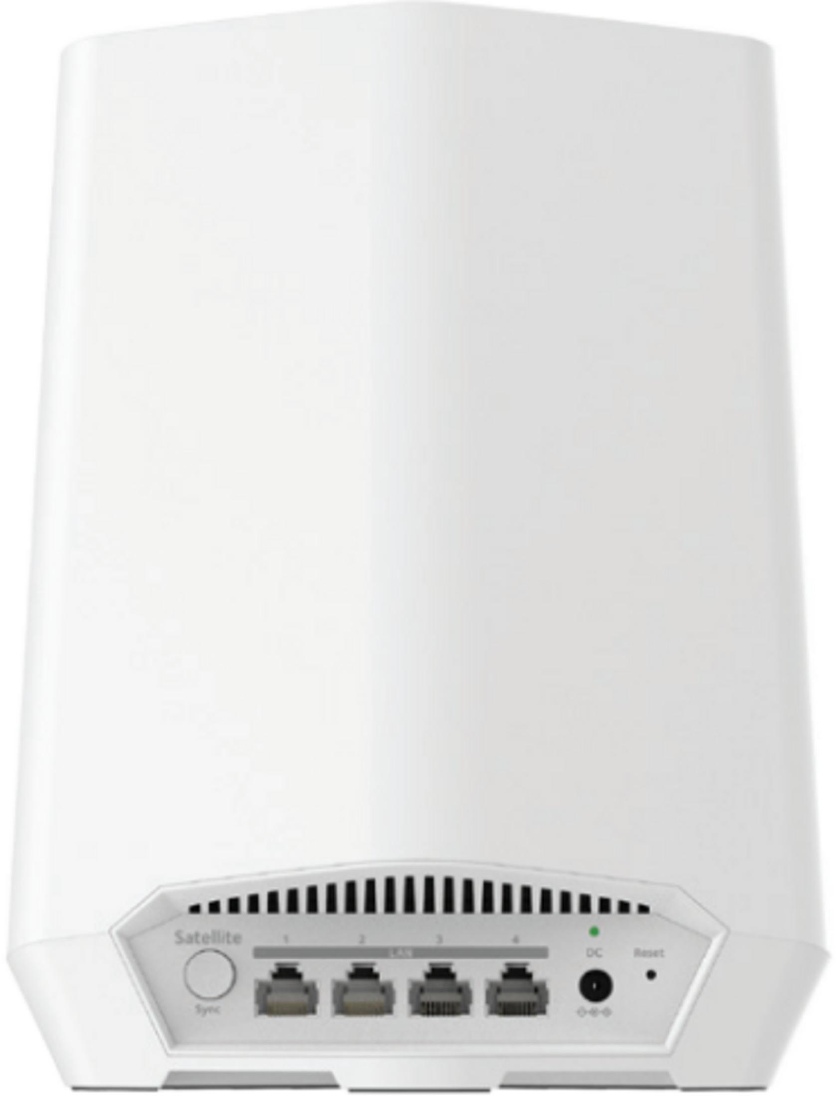 Router bianco con più porte LAN, pulsante di sincronizzazione, ingresso CC e pulsante di reset.
