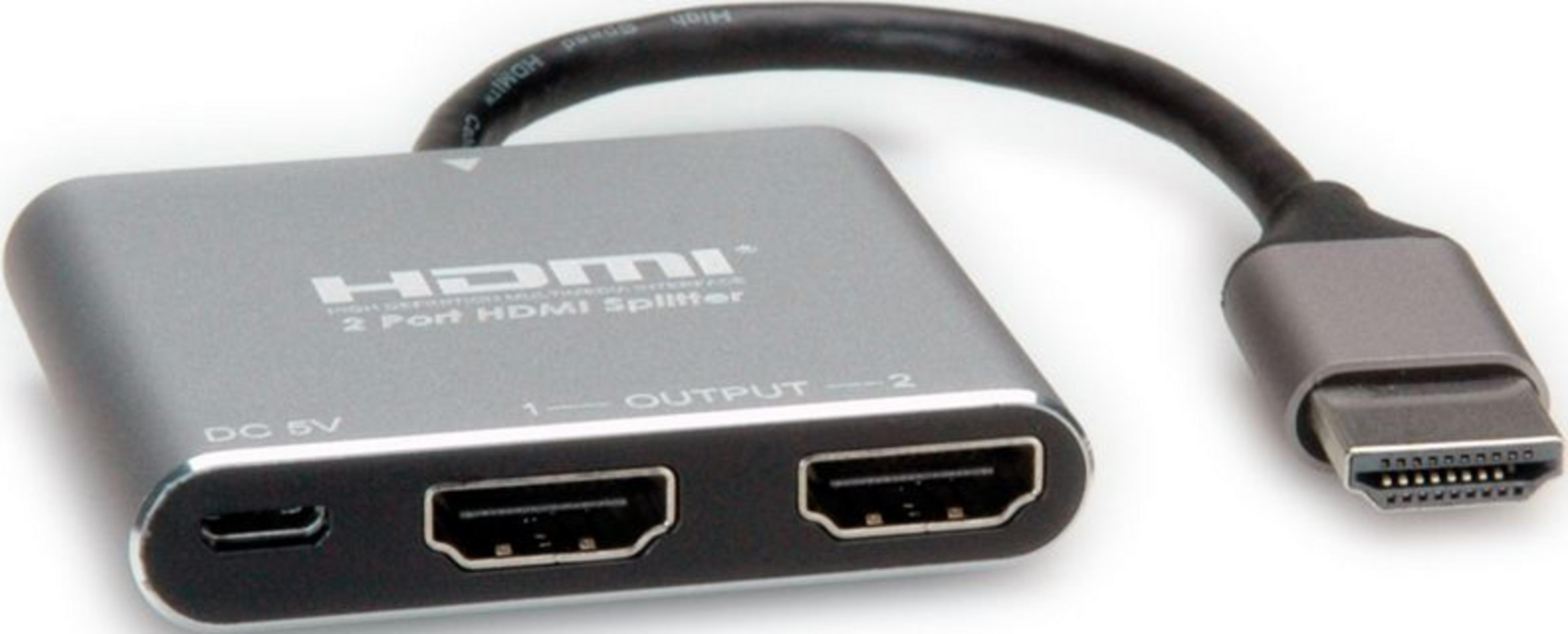 Grauer 2-Port HDMI-Splitter mit einem HDMI-Kabel und DC 5V-Anschluss.