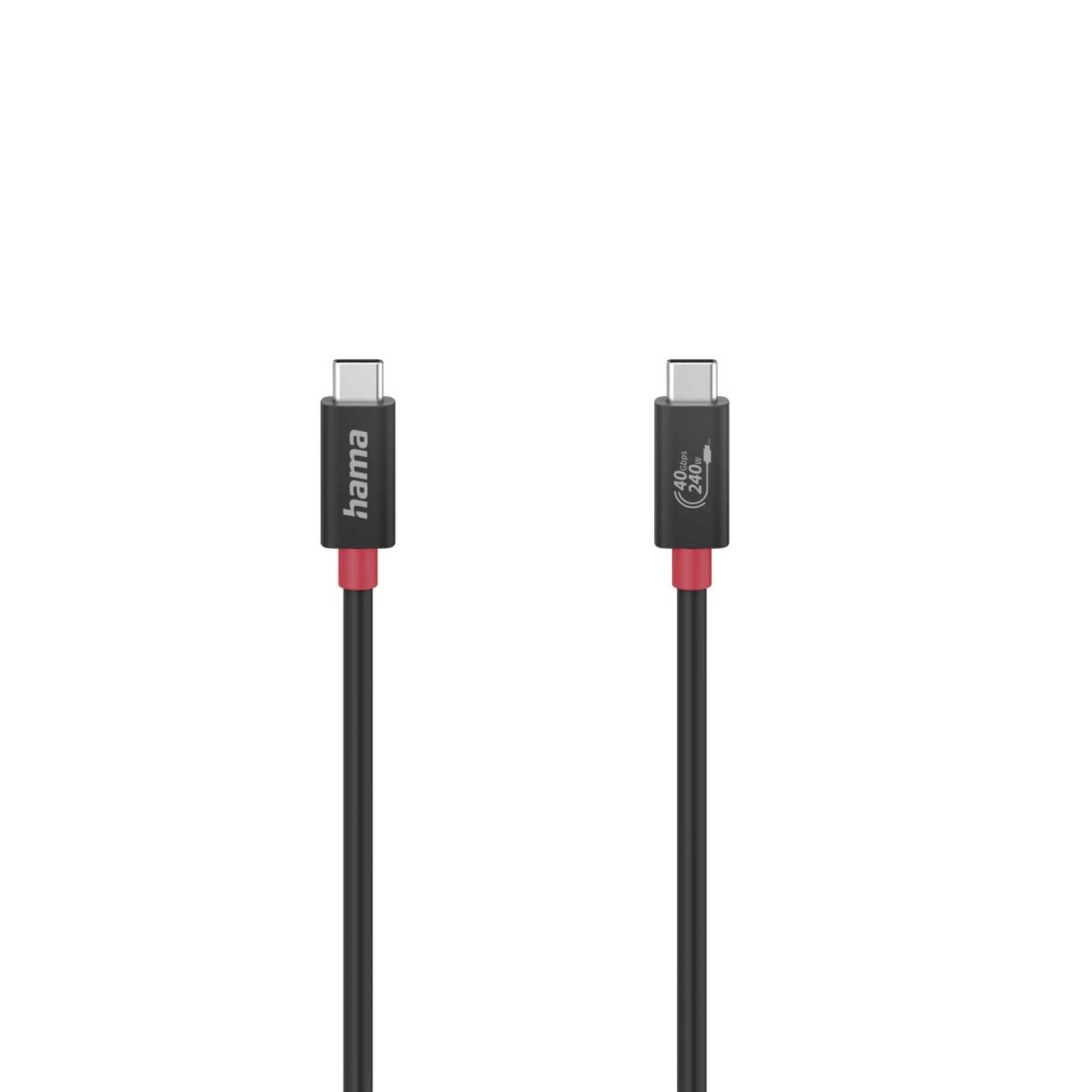 Due cavi USB-C neri con accenti rossi su sfondo bianco.